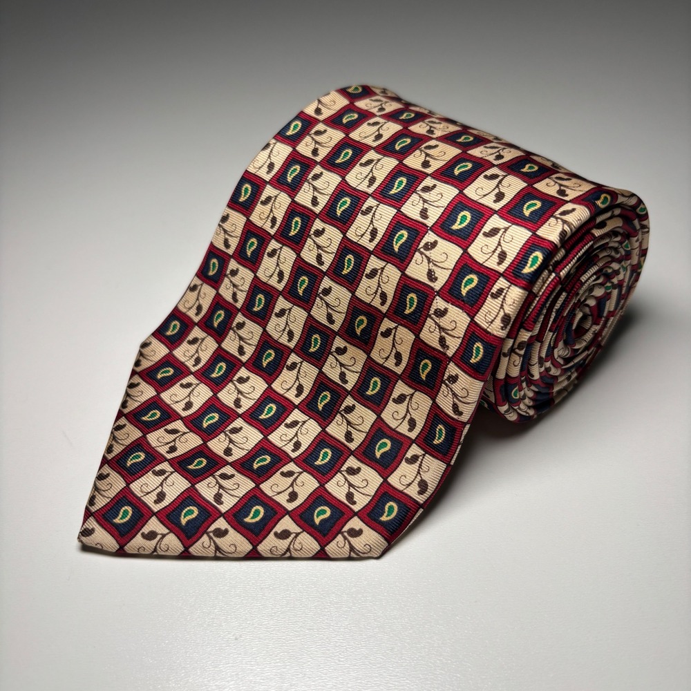 Brooks Brothers Silk Tie Geometric Leaf Grid Pattern Navy Burgundy VTG Necktie